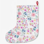 ヴィンテージフローラ水色手絵を描のデザイン ラージクリスマスストッキング (裏面)