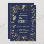 ヴィンテージフローラ海軍と金ゴールドブライダルシャワー 招待状 (正面/裏面)