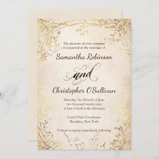 ヴィンテージフローラ版木、銅版、版画オールドマネーヨーロッパスタイル 招待状 (正面/裏面)