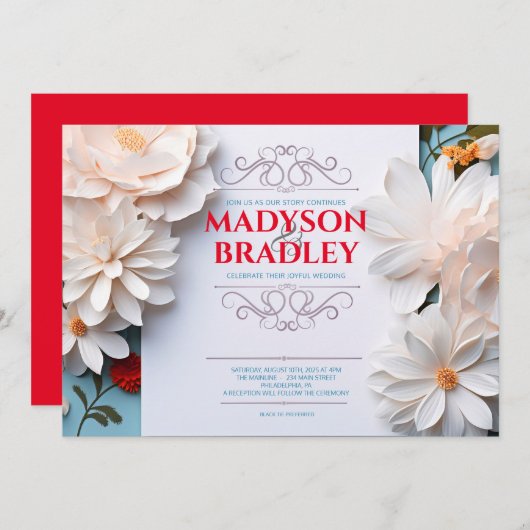 ヴィンテージフローラ白い花が咲結婚く 招待状 (正面/裏面)