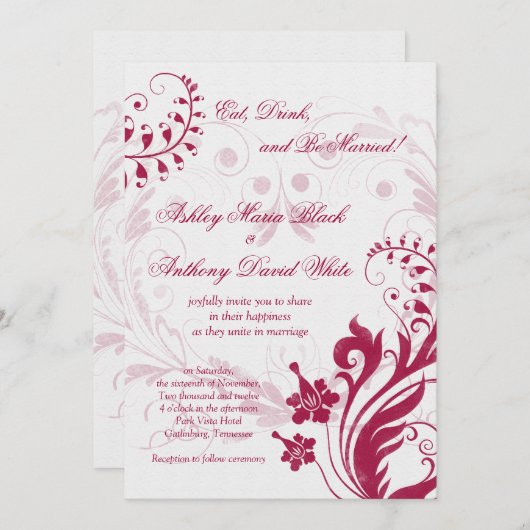 ヴィンテージフローラ白と赤の結婚式招待状 招待状 (正面/裏面)