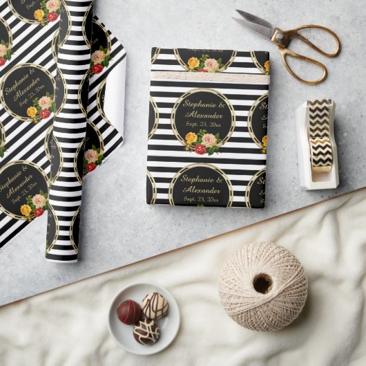 ヴィンテージフローラ白黒ストライプパーソナライズされた ラッピングペーパー (クラフト)