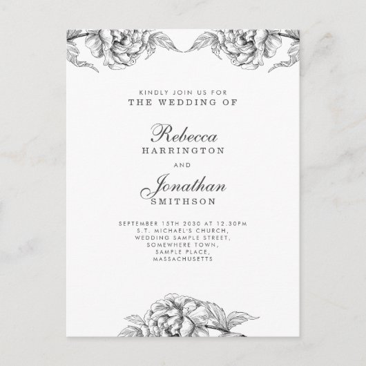 ヴィンテージフローラ白黒結婚式招待状 ポストカード (正面)