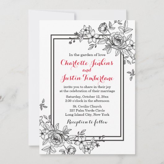 ヴィンテージフローラ白黒花結婚の 招待状 (正面)