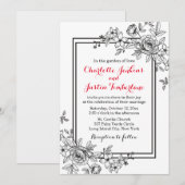 ヴィンテージフローラ白黒花結婚の 招待状 (正面/裏面)