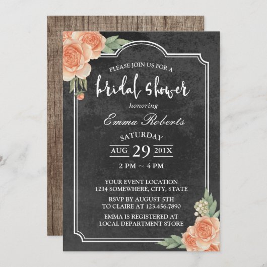 ヴィンテージフローラ素朴シャルボードブライダルシャワー 招待状 (正面/裏面)