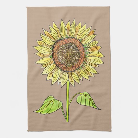 ヴィンテージフローラ素朴トープ水彩ひまわり キッチンタオル (縦)
