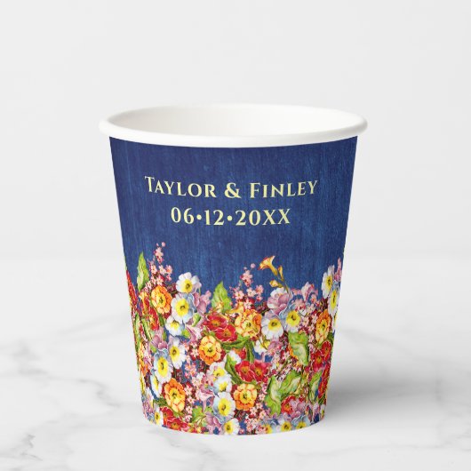 ヴィンテージフローラ素朴プリムローズネイビーブルー結婚ズ 紙コップ (正面)