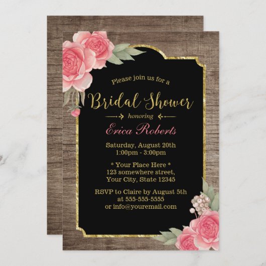 ヴィンテージフローラ素朴木製ブライダルシャワー 招待状 (正面/裏面)