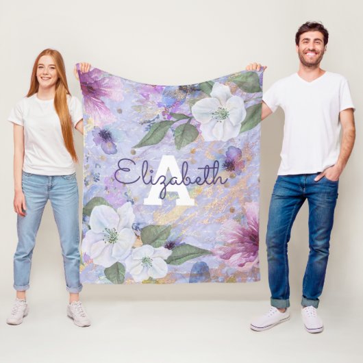 ヴィンテージフローラ紫色の水色モノグラム名 フリースブランケット (インサイチュ)