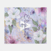 ヴィンテージフローラ紫色の水色モノグラム名 フリースブランケット (正面(横))