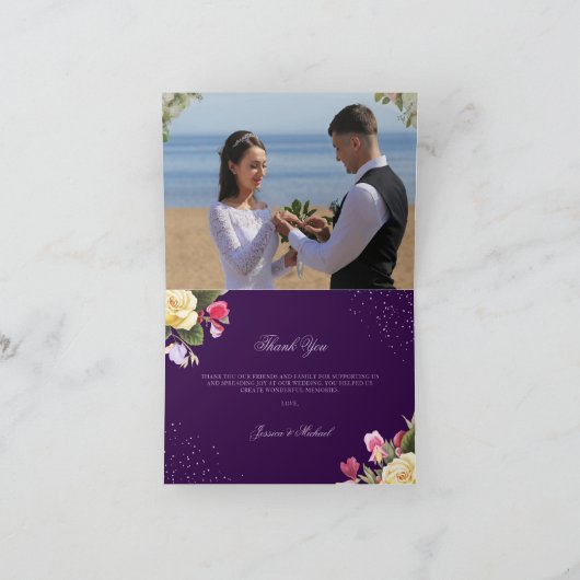 ヴィンテージフローラ紫色の黄色結婚いバラの写真 サンキューカード (内部)