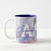 ヴィンテージフローラ紫色ブルーウォーターカラーモノグラム ツートーンマグカップ (左)