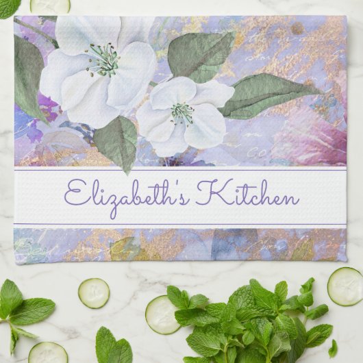 ヴィンテージフローラ紫色ブルー水彩名前をカスタムする キッチンタオル (折り畳み)