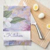 ヴィンテージフローラ紫色ブルー水彩名前をカスタムする キッチンタオル (四つ折り)