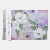 ヴィンテージフローラ紫色ブルー水彩名前をカスタムする キッチンタオル (横)