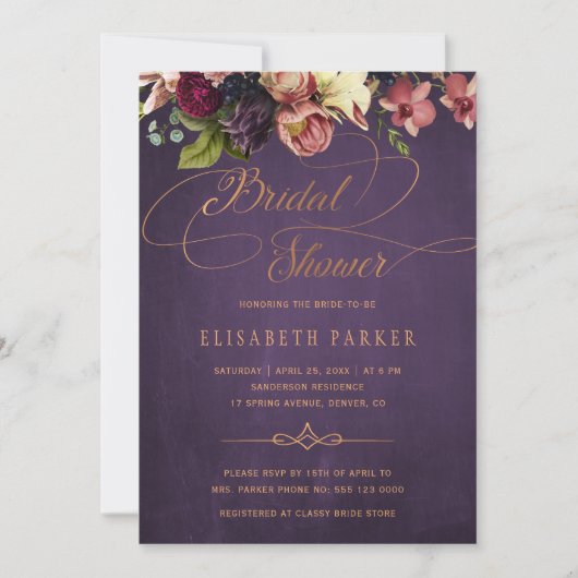 ヴィンテージフローラ紫金ゴールドスクリプトブライダルシャワー 招待状 (正面)