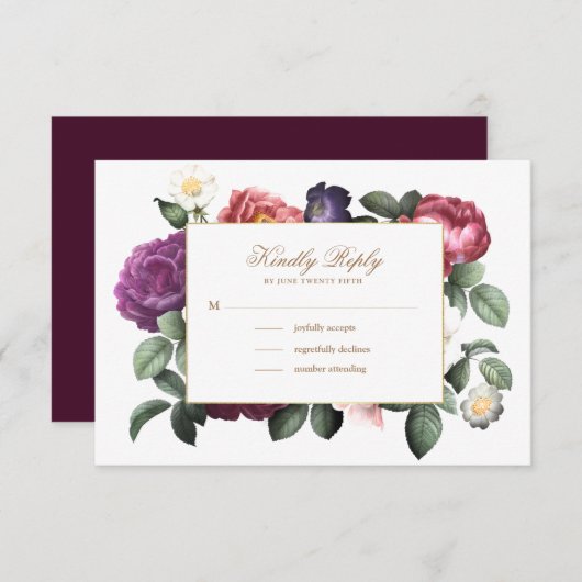 ヴィンテージフローラ紫RSVPカード 招待状 (正面/裏面)
