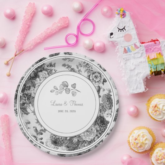 ヴィンテージフローラ結婚の名前と日付のクラシック ペーパープレート (パーティー)