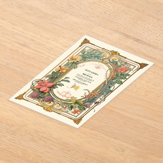 ヴィンテージフローラ結婚アールヌーボー アクリル招待状 (レイダウン)