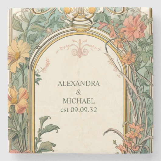 ヴィンテージフローラ結婚アールヌーボー ストーンコースター (正面)