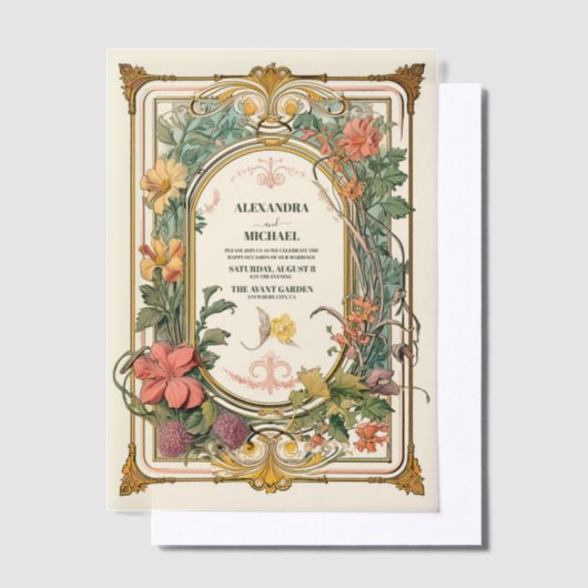 ヴィンテージフローラ結婚アールヌーボー ベラム紙招待状 (オフセット)