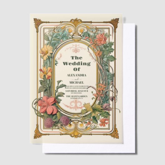 ヴィンテージフローラ結婚アールヌーボー ベラム紙招待状 (オフセット)