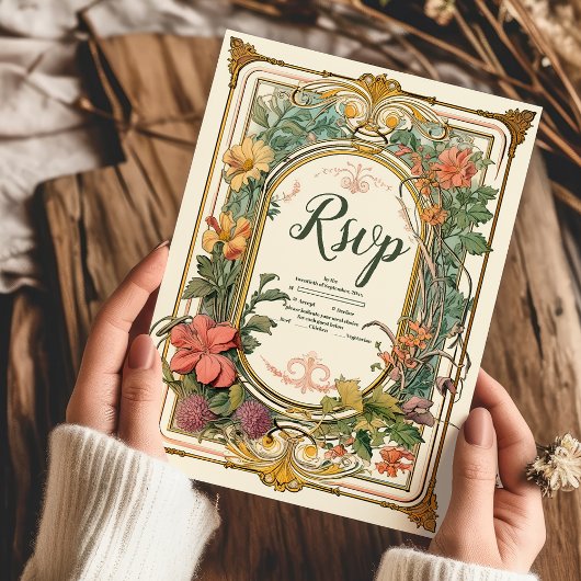 ヴィンテージフローラ結婚アールヌーボー 出欠カード