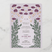 ヴィンテージフローラ結婚ラベンダーバラ金ゴールド 箔招待状 (正面)