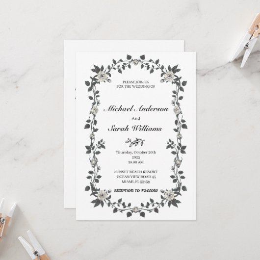 ヴィンテージフローラ結婚式招待状ブラックつる植物 招待状 (正面/裏面インサイチュ)