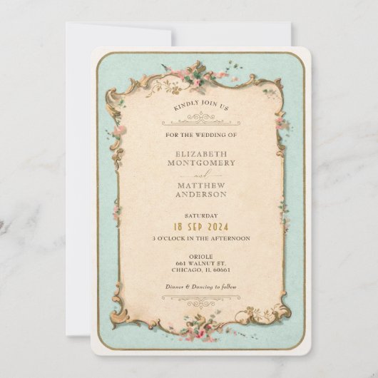 ヴィンテージフローラ結婚式招待状（ミントアクセント付） 招待状 (正面)