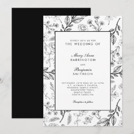 ヴィンテージフローラ結婚白黒 招待状