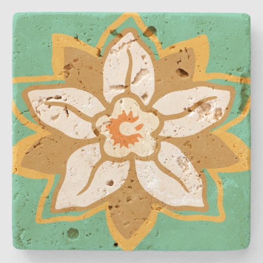 ヴィンテージフローラ緑と黄色のヨンキル模様 ストーンコースター (正面)