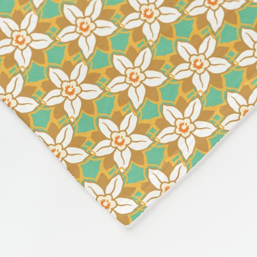 ヴィンテージフローラ緑と黄色のヨンキル模様 フリースブランケット (角)