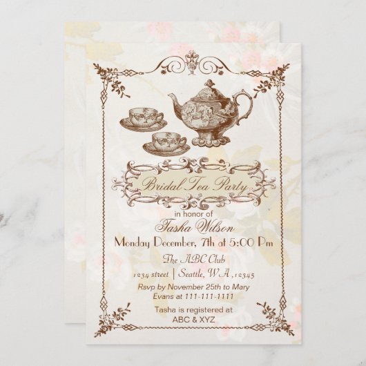 ヴィンテージフローラ茶パーティーブライダルシャワー招待状 招待状 (正面/裏面)