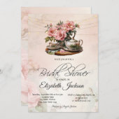 ヴィンテージフローラ茶パーティーブライダルシャワー 招待状 (正面/裏面)