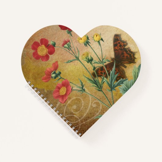 ヴィンテージフローラ蝶のハート型 ノートブック (正面)
