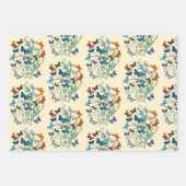 ヴィンテージフローラ蝶の鳥模様ピンクがかった緑 ラッピングペーパーシート (正面)