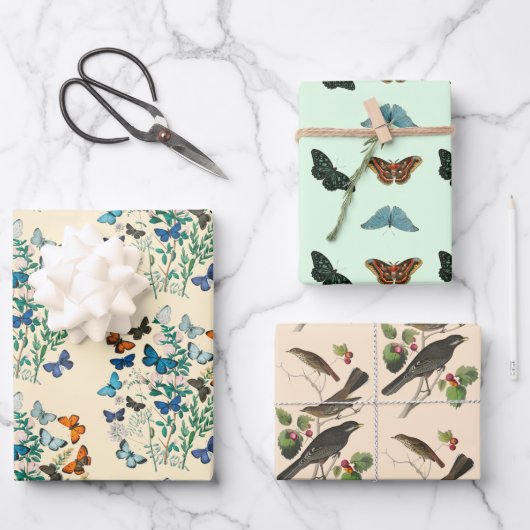 ヴィンテージフローラ蝶の鳥模様ピンクがかった緑 ラッピングペーパーシート (正面)