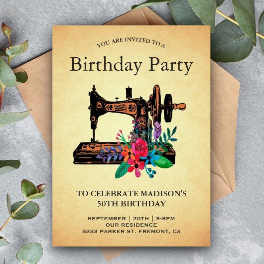 ヴィンテージフローラ裁縫機誕生日パーティー 招待状