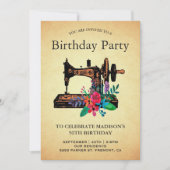 ヴィンテージフローラ裁縫機誕生日パーティー 招待状 (正面)