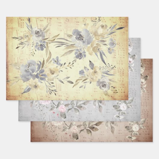 ヴィンテージフローラ装飾楽譜 ラッピングペーパーシート (セット)