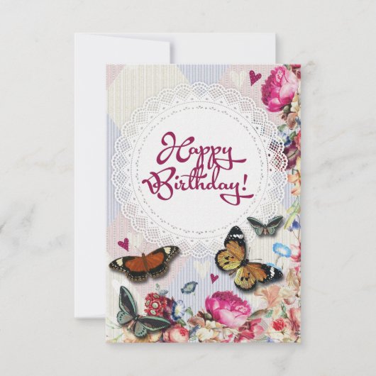 ヴィンテージフローラ褐色蝶誕生日 カード (正面)
