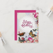 ヴィンテージフローラ褐色蝶誕生日 カード (正面/裏面インサイチュ)