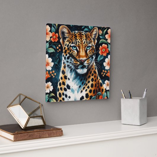 ヴィンテージフローラ豹 スクエア壁時計 (オフィス)