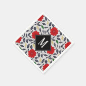 ヴィンテージフローラ赤ポピー模様モノグラム スタンダードカクテルナプキン (角)