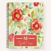 ヴィンテージフローラ赤緑水彩画 ノートブック (正面)