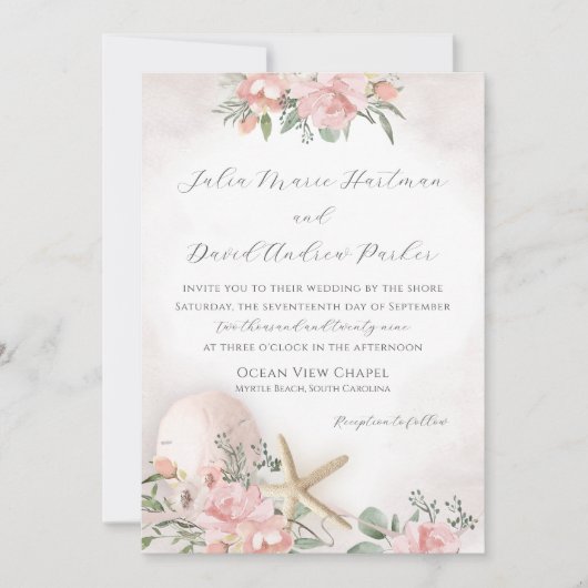 ヴィンテージフローラ赤面ビーチ結婚式招待状 招待状 (正面)