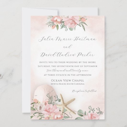 ヴィンテージフローラ赤面ビーチ結婚式招待状 招待状 (正面)