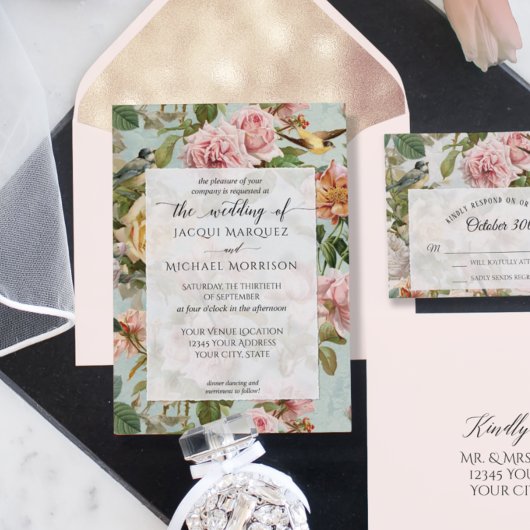 ヴィンテージフローラ赤面ピンクイエローボタニカルバードI 招待状